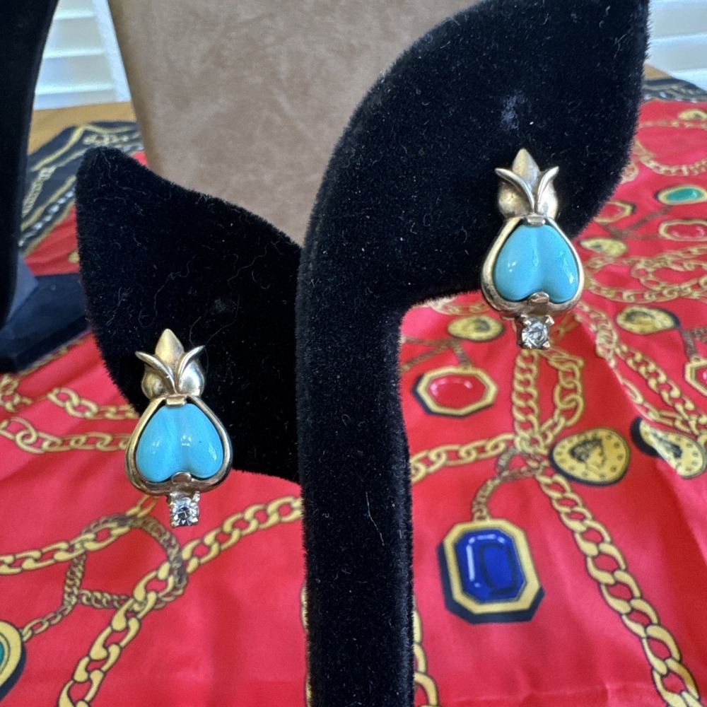 Vintage Mazer Bros Gold Tone Clip On Earrings Faux Turquoise Diamond Rare